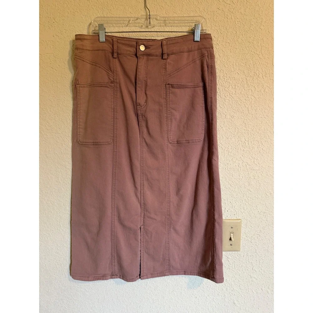 Polagram Mauve Denim Midi Skirt Women 1XL Front Slit Patch Pockets PSK4607-X